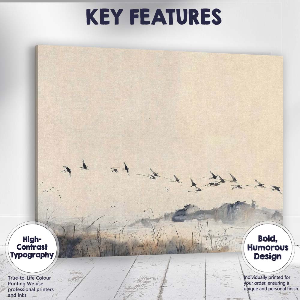 Minimalist Flying Birds Winter Wetland Ink Wash Landscape Canvas Wall Art Print Decor Picture Ready to Hang
