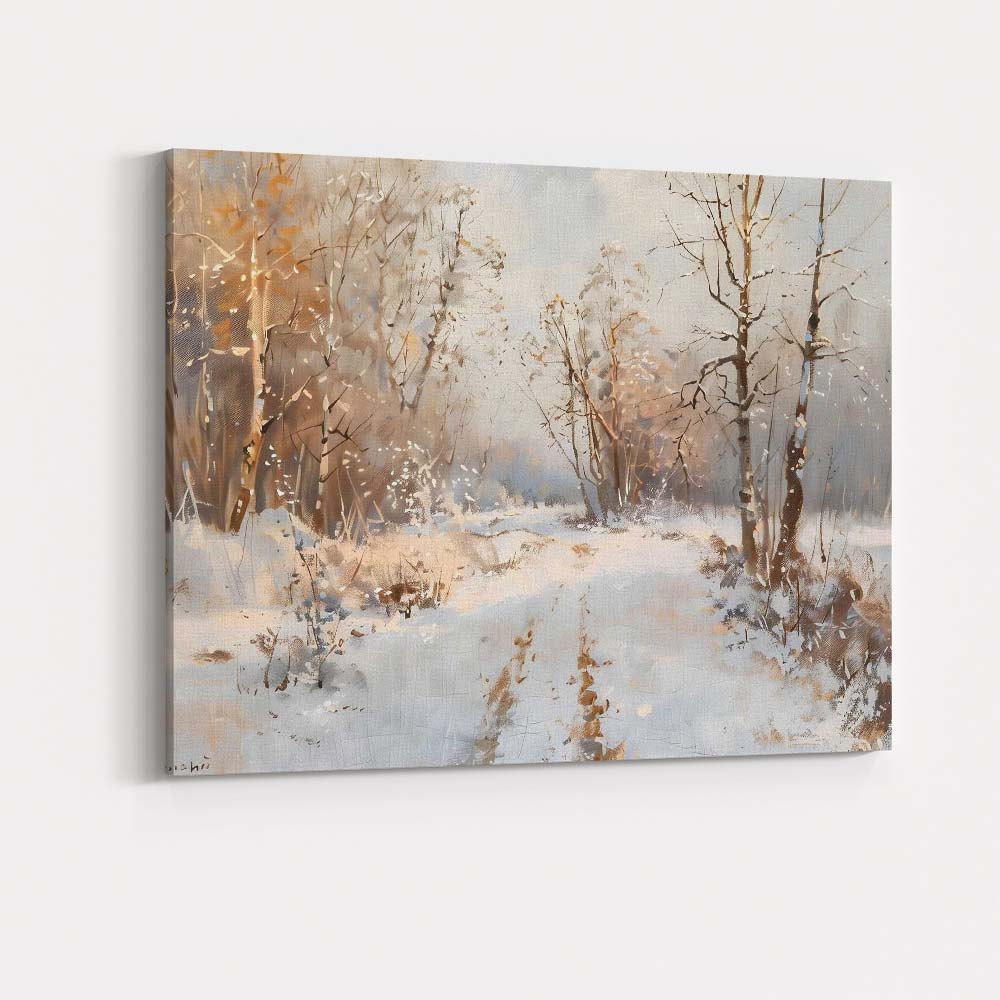 Soft Neutral Snowy Woodland Winter Path Impressionist Canvas Wall Art Print Decor Picture Ready to Hang