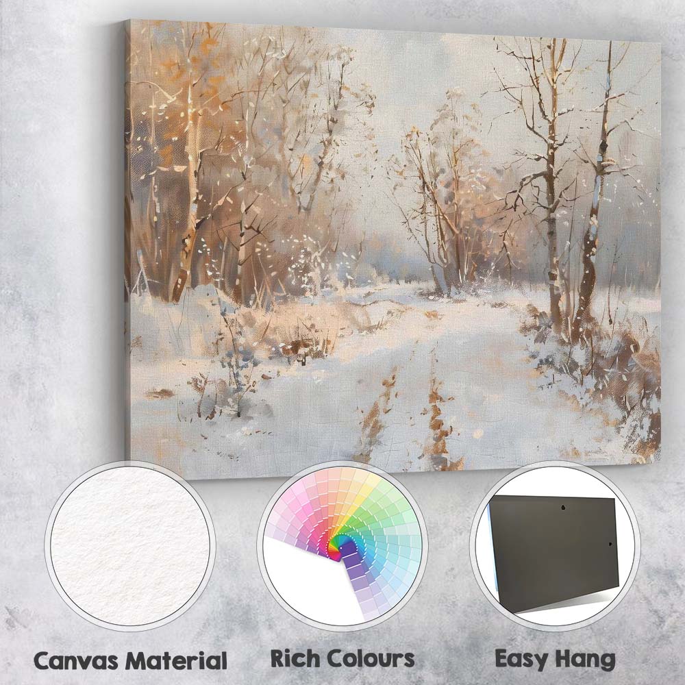 Soft Neutral Snowy Woodland Winter Path Impressionist Canvas Wall Art Print Decor Picture Ready to Hang