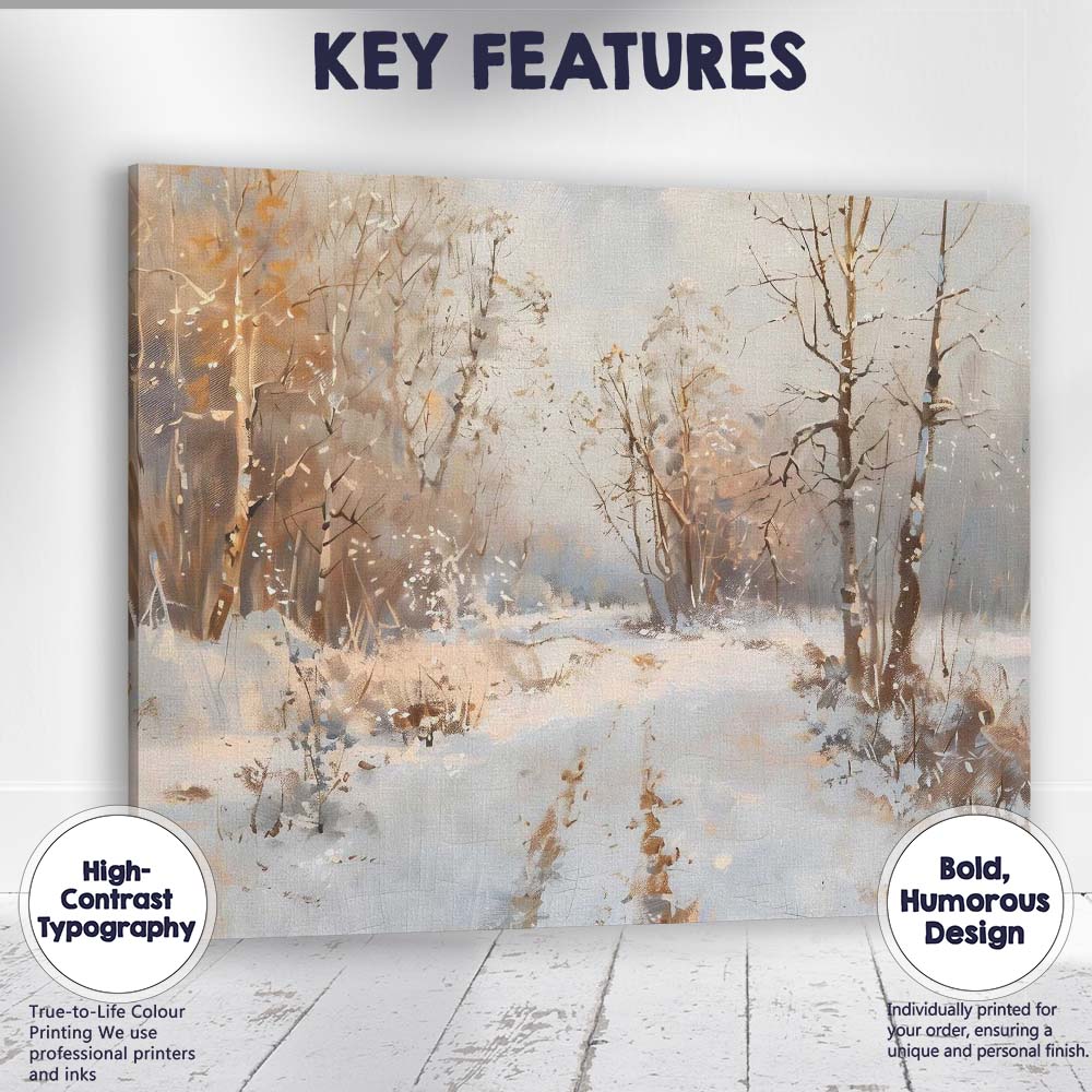 Golden Light Snowy Woodland Path Winter Forest Scene Canvas Wall Art Print Decor Picture Ready to Hang