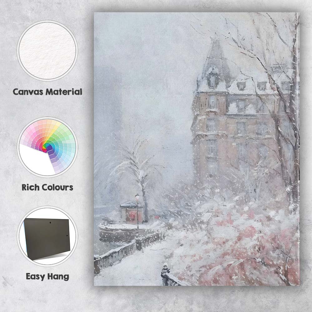 Snowy Paris Riverside Winter Cityscape Impressionist Canvas Wall Art Print Decor Picture Ready to Hang