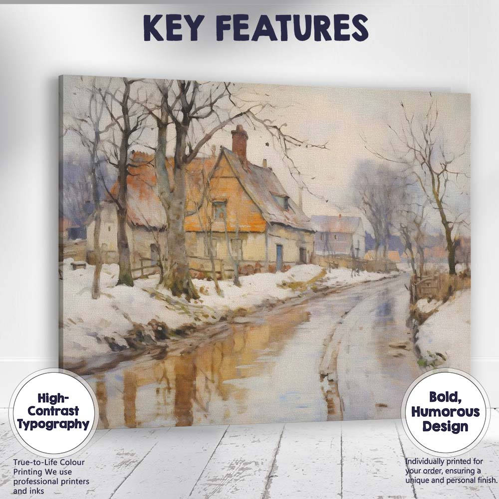 Rustic Snowy Village Country Road Winter Landscape Canvas Wall Art Print Decor Picture Ready to Hang