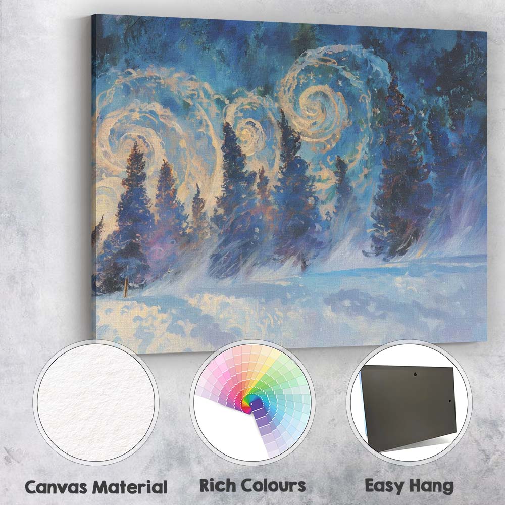 Abstract Swirling Night Sky Snowy Pine Forest Winter Canvas Wall Art Print Decor Picture Ready to Hang
