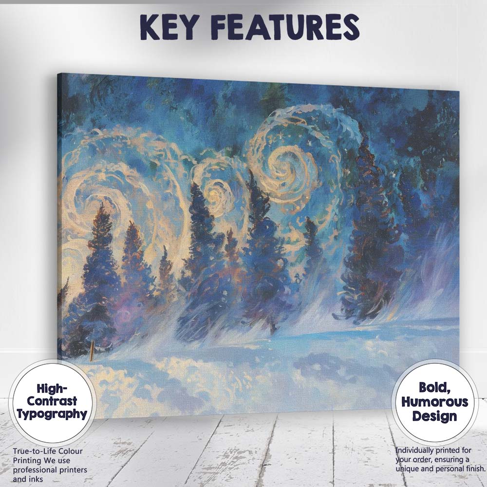 Abstract Swirling Night Sky Snowy Pine Forest Winter Canvas Wall Art Print Decor Picture Ready to Hang