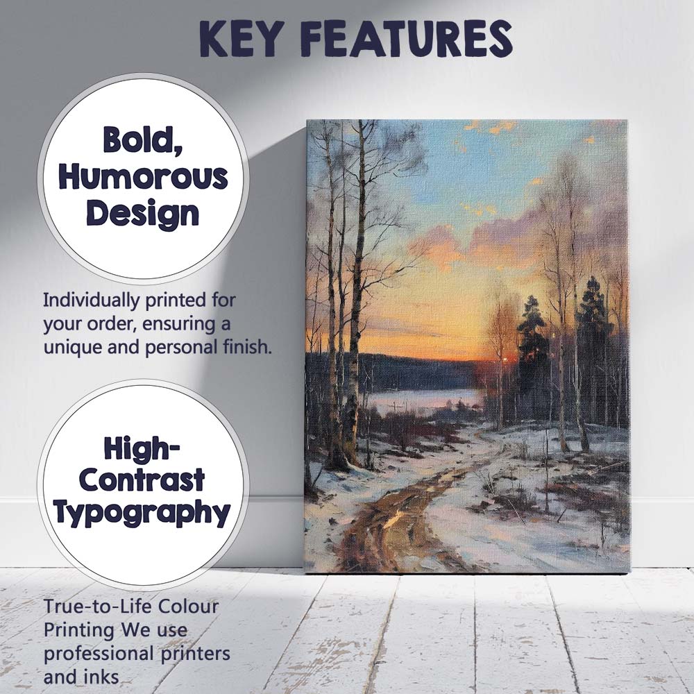 Winter Forest Track Sunset Lake Scenic Impressionist Landscape Canvas Wall Art Print Decor Picture Ready to Hang