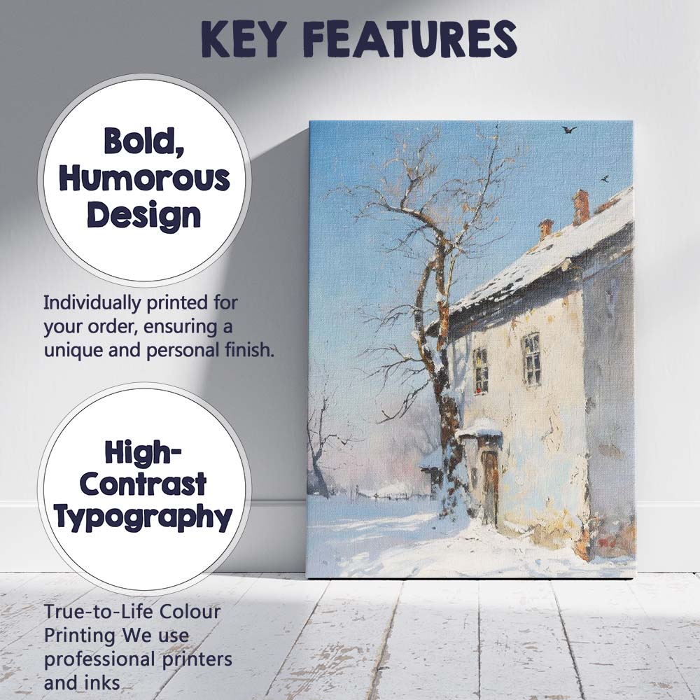 Snow Covered Farmhouse Bare Tree Rural Winter Scene Canvas Wall Art Print Decor Picture Ready to Hang