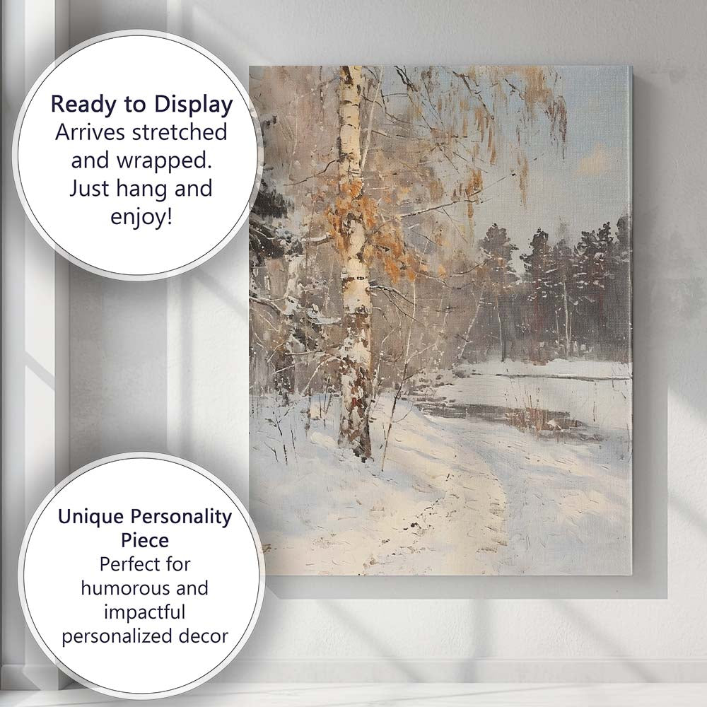 Soft Neutral Birch Tree Snowy Pond Winter Woodland Canvas Wall Art Print Decor Picture Ready to Hang