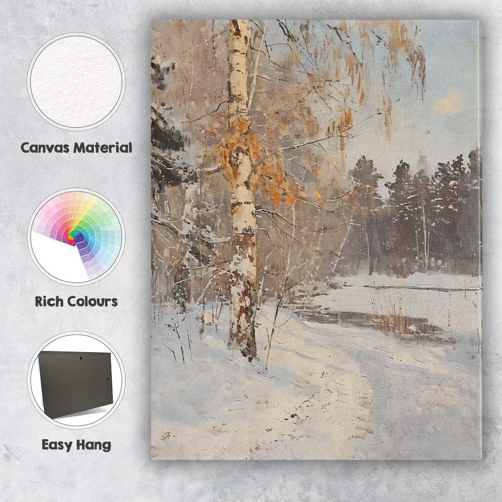 Impressionist Snow Covered Birch Forest Frozen Lake Winter Landscape Canvas Wall Art Print Decor Picture Ready to Hang