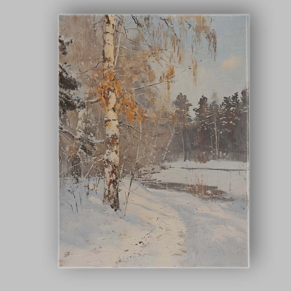 Soft Neutral Birch Tree Snowy Pond Winter Woodland Canvas Wall Art Print Decor Picture Ready to Hang
