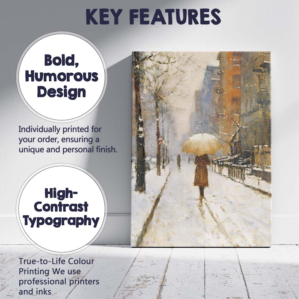 Impressionist Snowy City Street Figure With Umbrella Winter Canvas Wall Art Print Decor Picture Ready to Hang