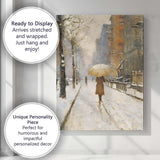 Snowy City Street Figure With Umbrella Impressionist Winter Scene Canvas Wall Art Print Decor Picture Ready to Hang