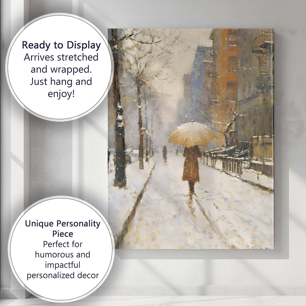 Impressionist Snowy City Street Figure With Umbrella Winter Canvas Wall Art Print Decor Picture Ready to Hang