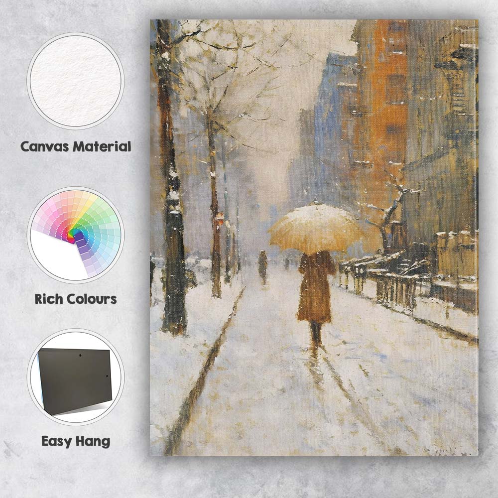 Impressionist Snowy City Street Figure With Umbrella Winter Canvas Wall Art Print Decor Picture Ready to Hang