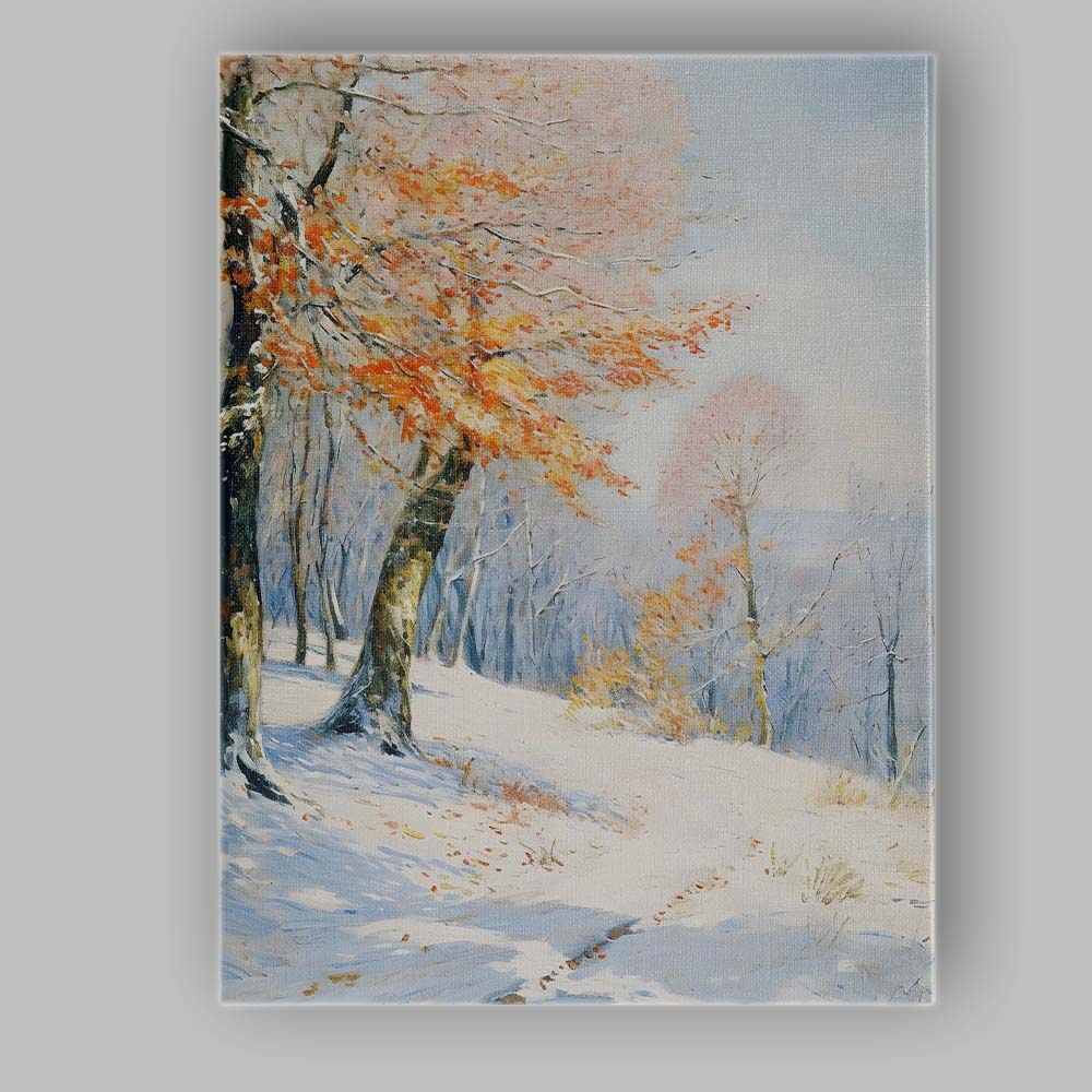 Snow Covered Autumn Woodland Golden Leaves Winter Landscape Canvas Wall Art Print Decor Picture Ready to Hang