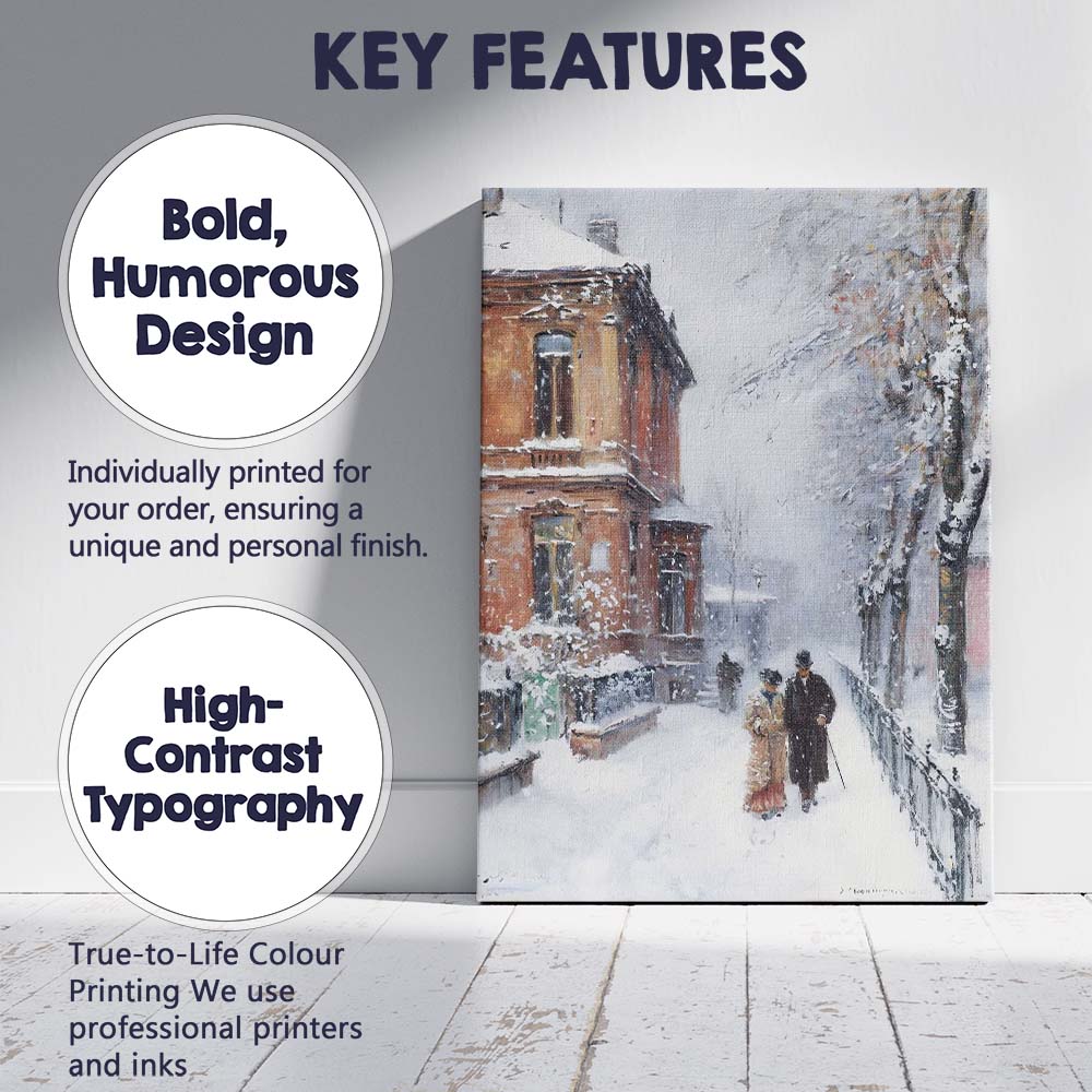Elegant Victorian Couple Snow Covered Street Winter Impressionist Canvas Wall Art Print Decor Picture Ready to Hang