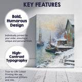 Snowy Harbour Coastal Fishing Boats Winter Village Impressionist Canvas Wall Art Print Decor Picture Ready to Hang