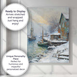 Snowy Harbour Coastal Fishing Boats Winter Village Impressionist Canvas Wall Art Print Decor Picture Ready to Hang