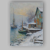 Snowy Harbour Coastal Fishing Boats Winter Village Impressionist Canvas Wall Art Print Decor Picture Ready to Hang