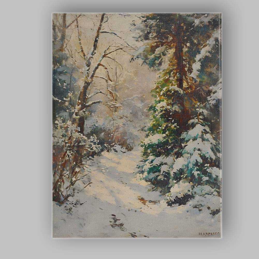 Peaceful Snow Covered Forest Path Evergreen Woodland Impressionist Canvas Wall Art Print Decor Picture Ready to Hang