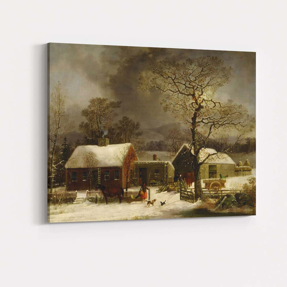 Traditional Rustic Farmhouse Snow Covered Countryside Winter Landscape Canvas Wall Art Print Decor Picture Ready to Hang