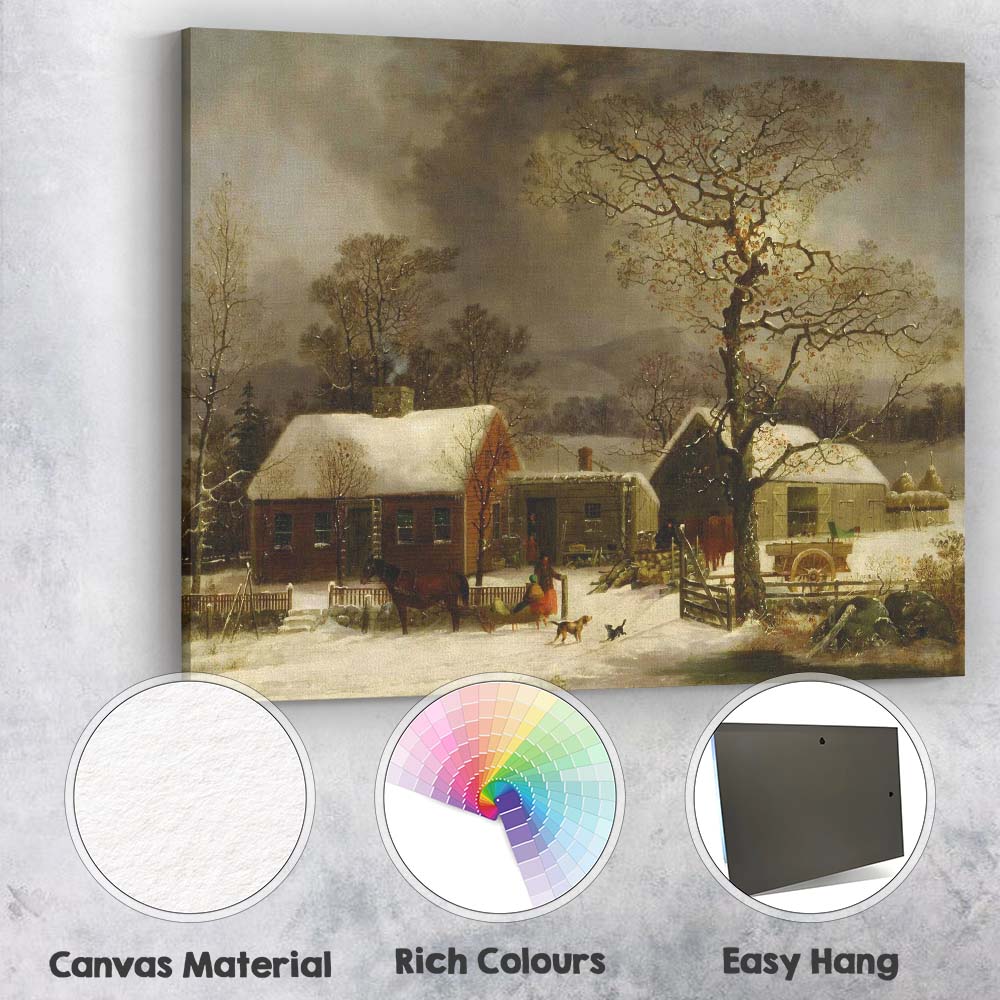 Traditional Rustic Farmhouse Snow Covered Countryside Winter Landscape Canvas Wall Art Print Decor Picture Ready to Hang