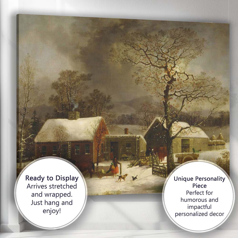 Traditional Rural Farmstead Horse Sleigh Winter Country Scene Canvas Wall Art Print Decor Picture Ready to Hang