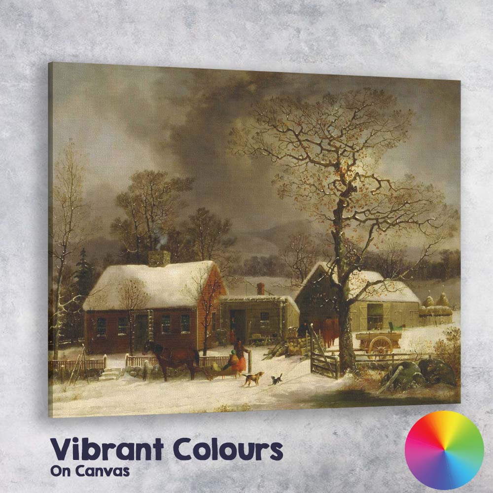 Traditional Rustic Farmhouse Snow Covered Countryside Winter Landscape Canvas Wall Art Print Decor Picture Ready to Hang
