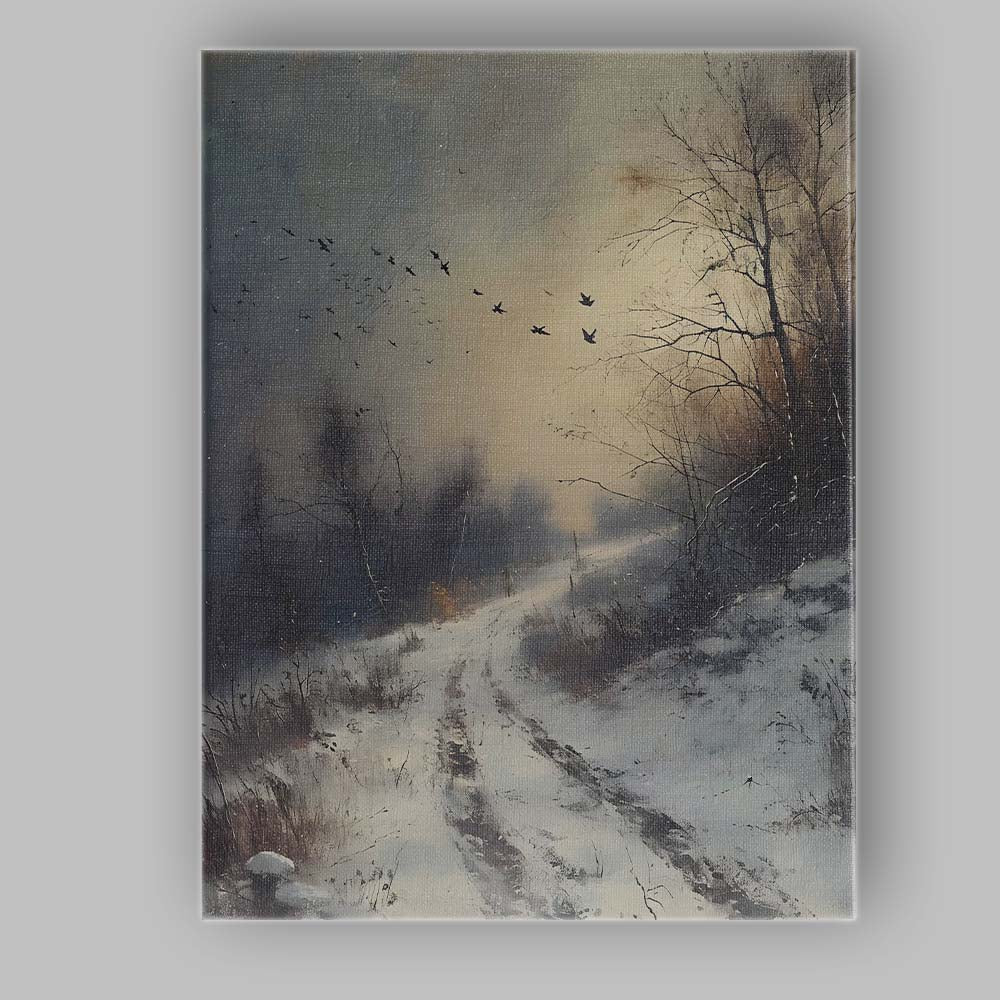 Moody Winter Woodland Path Flying Crows Atmospheric Landscape Canvas Wall Art Print Decor Picture Ready to Hang