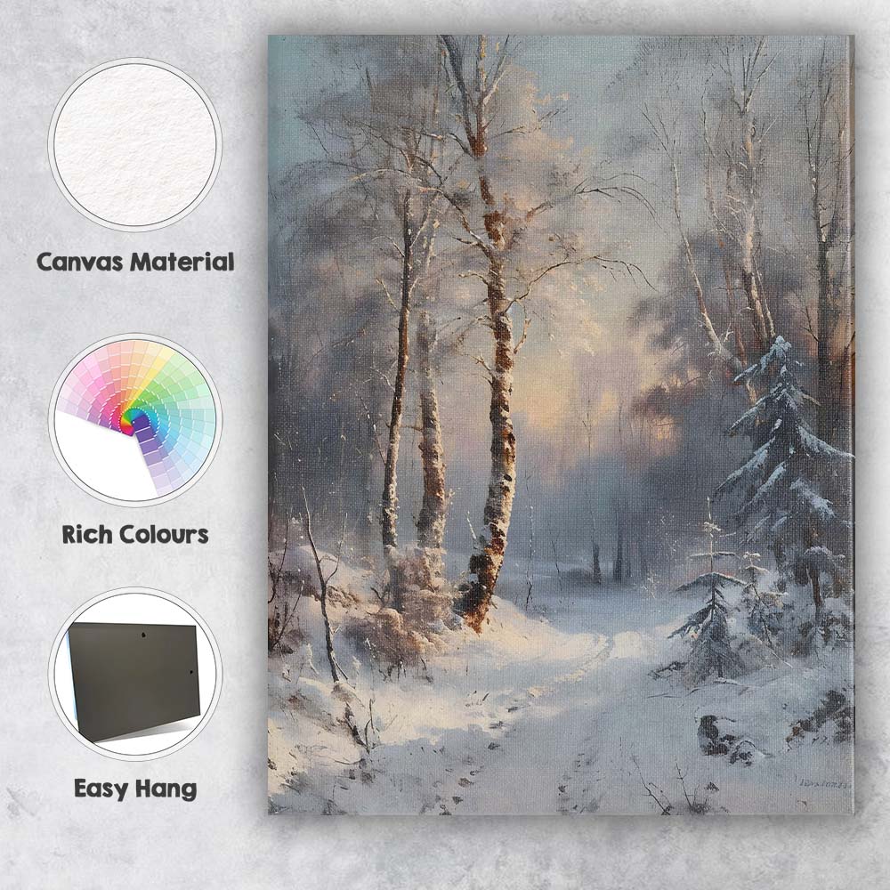 Serene Snow Covered Birch Forest Misty Winter Woodland Canvas Wall Art Print Decor Picture Ready to Hang