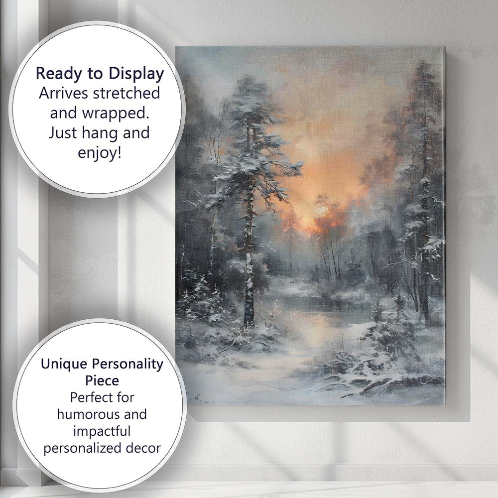 Glowing Winter Sunset Frozen Woodland Lake Canvas Wall Art Print Decor Picture Ready to Hang