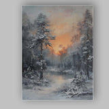 Dramatic Winter Sunset Frozen Forest Lake Impressionist Landscape Canvas Wall Art Print Decor Picture Ready to Hang