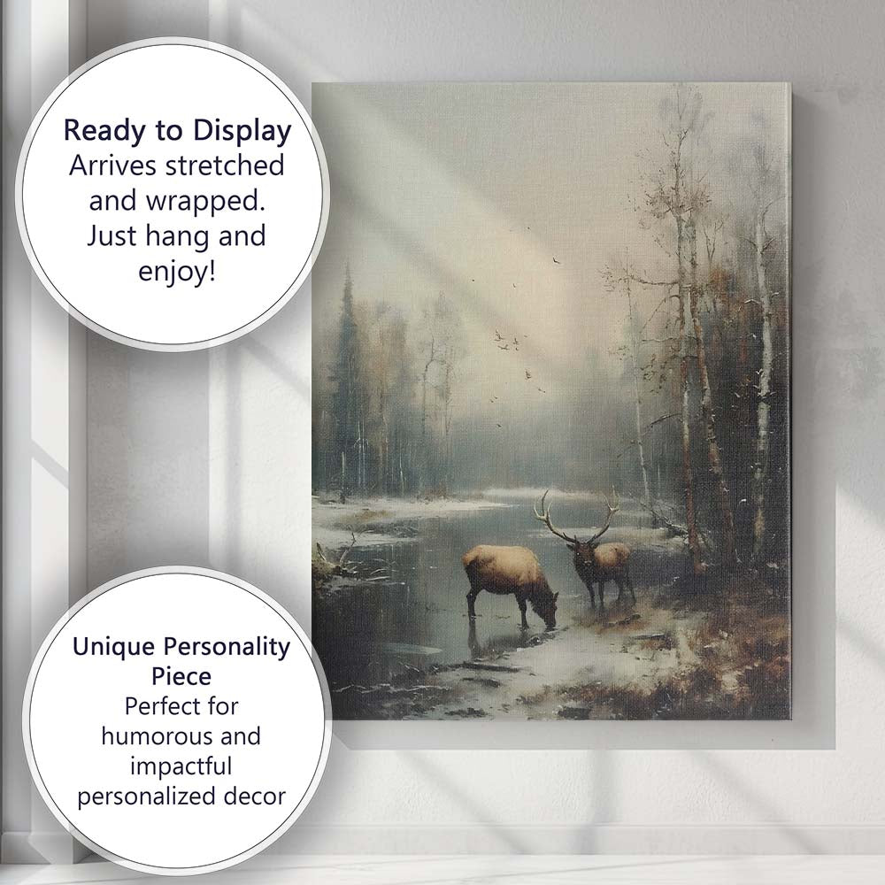 Peaceful Woodland Elk By Frozen River Winter Scene Canvas Wall Art Print Decor Picture Ready to Hang