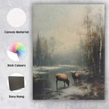 Peaceful Woodland Elk By Frozen River Winter Scene Canvas Wall Art Print Decor Picture Ready to Hang