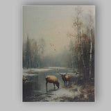 Peaceful Woodland Elk By Frozen River Winter Scene Canvas Wall Art Print Decor Picture Ready to Hang