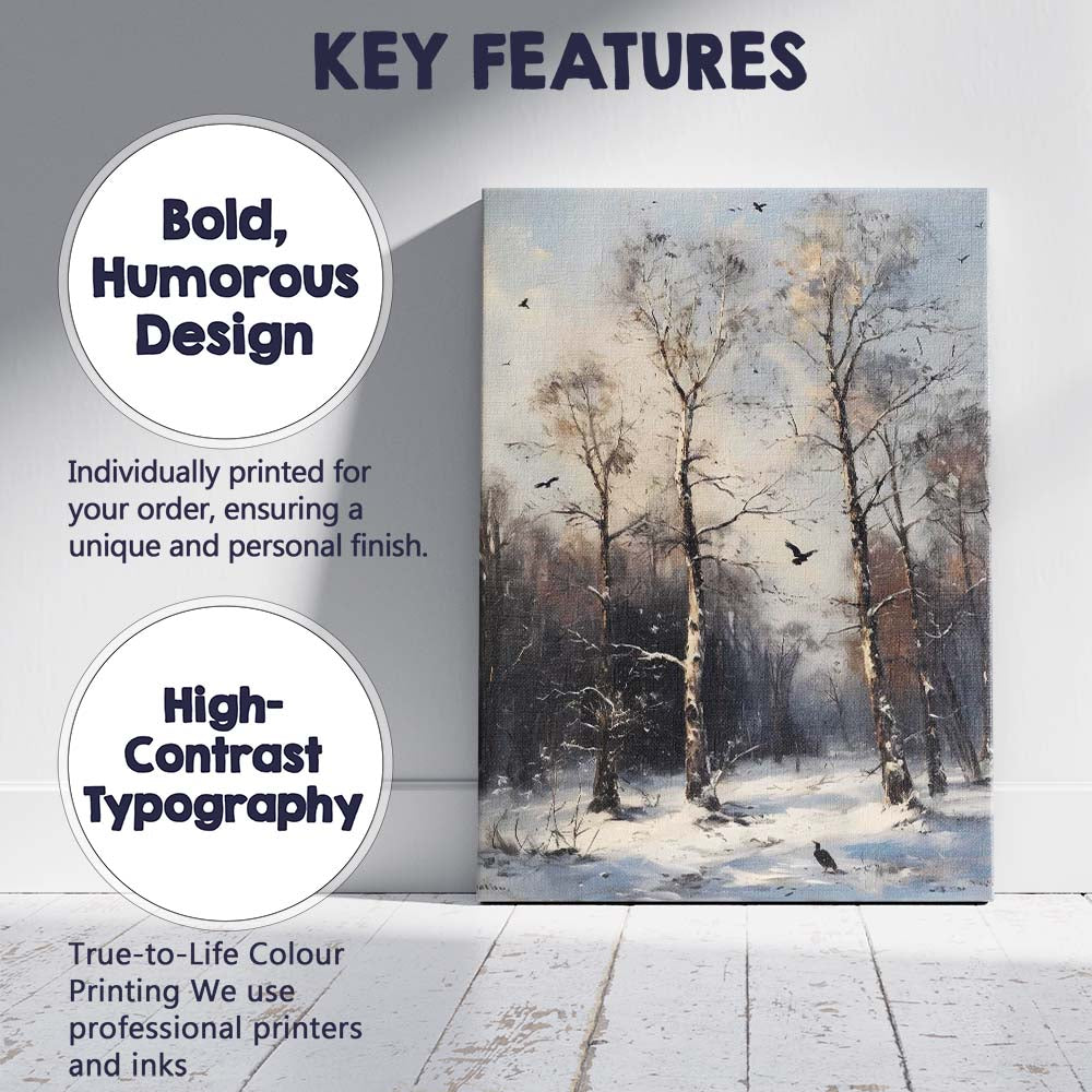 Snow Covered Birch Woodland Black Birds Winter Forest Canvas Wall Art Print Decor Picture Ready to Hang