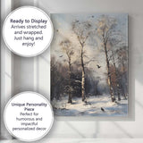Snow Covered Birch Woodland Black Birds Winter Forest Canvas Wall Art Print Decor Picture Ready to Hang