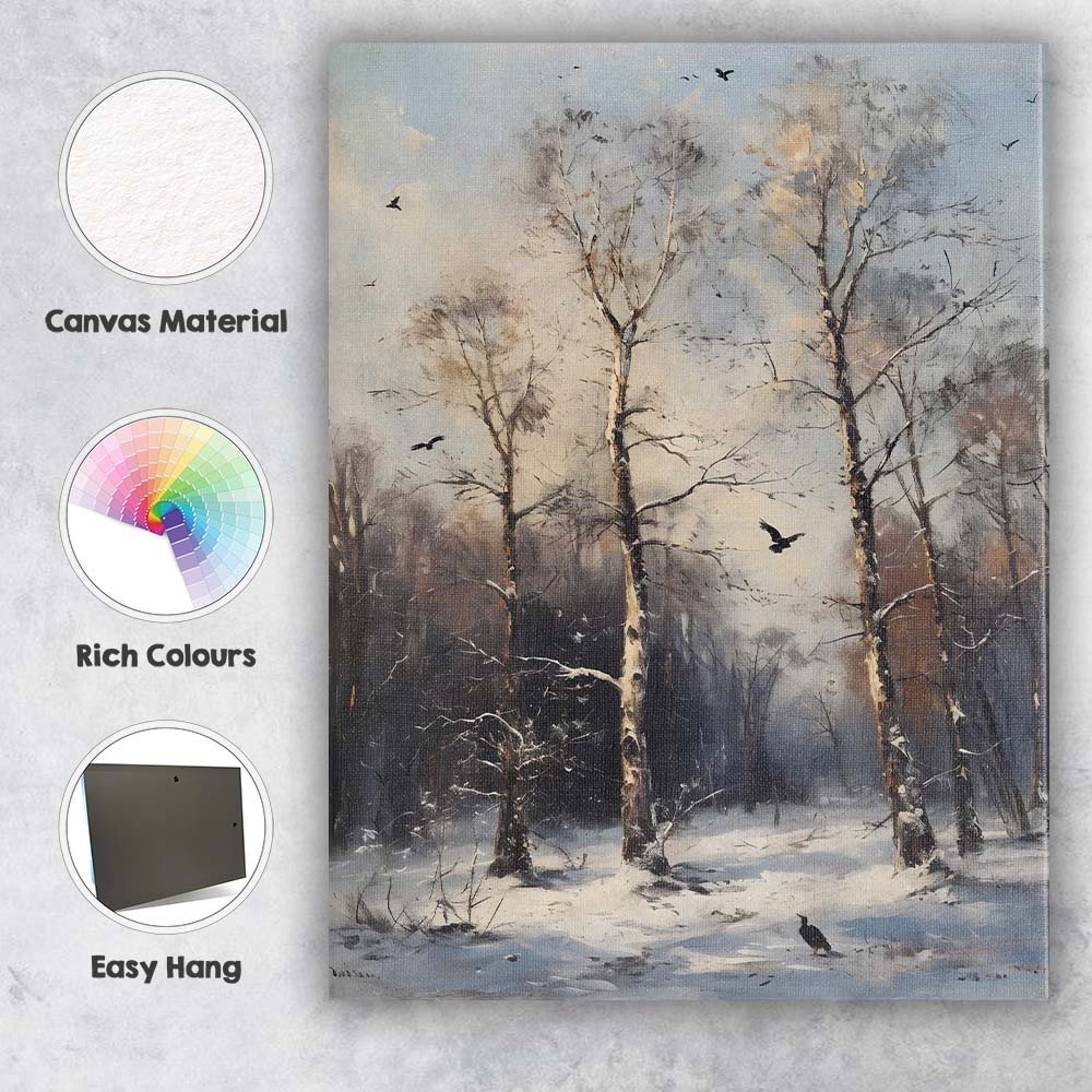 Snow Covered Birch Woodland Black Birds Winter Forest Canvas Wall Art Print Decor Picture Ready to Hang