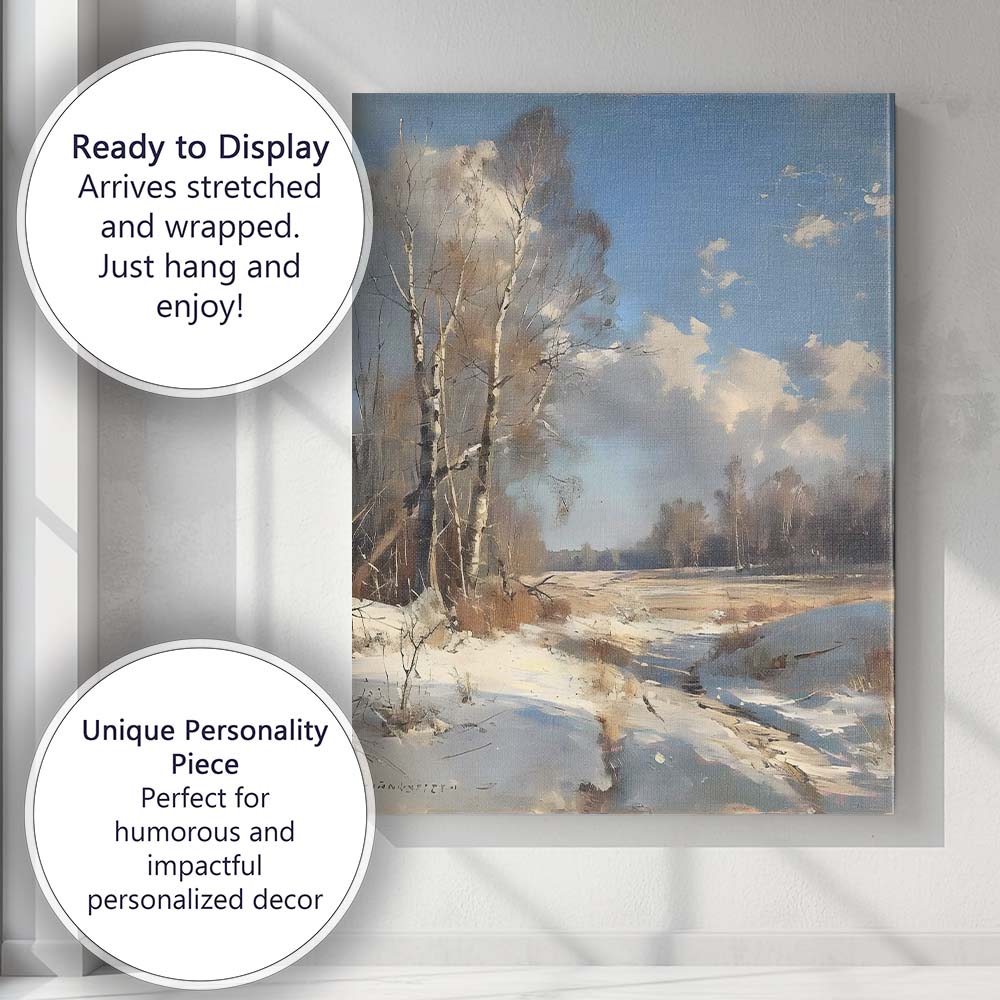 Bright Blue Sky Snow Covered Riverside Birch Trees Winter Landscape Canvas Wall Art Print Decor Picture Ready to Hang