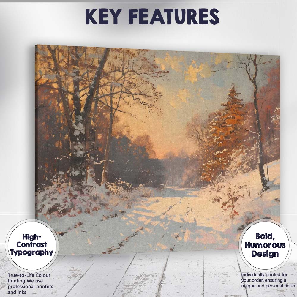 Golden Winter Woodland Snow Covered Country Track Canvas Wall Art Print Decor Picture Ready to Hang