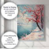 Pink Blossom Tree By Tranquil Lake Spring Snow Landscape Canvas Wall Art Print Decor Picture Ready to Hang