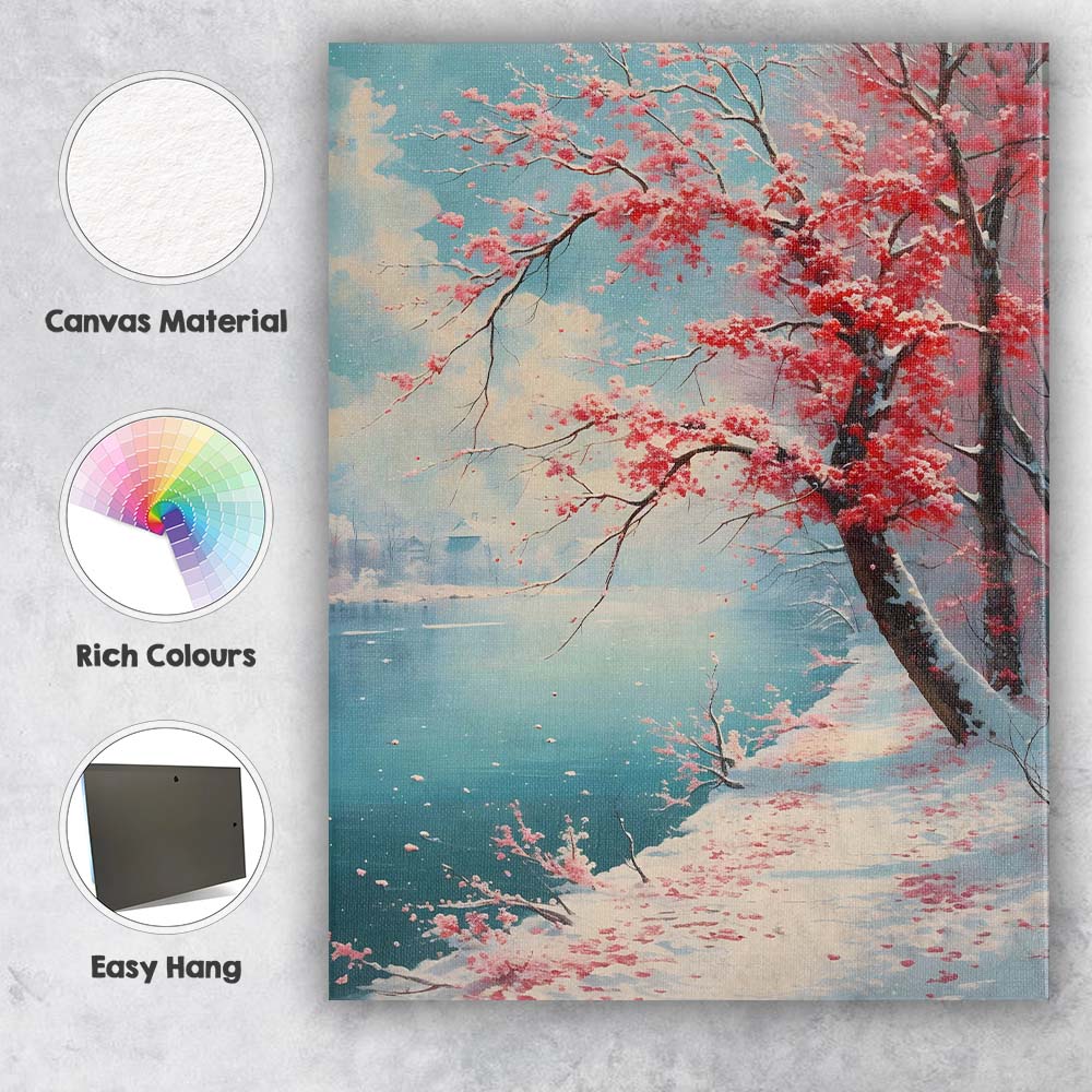 Pink Blossom Tree By Tranquil Lake Spring Snow Landscape Canvas Wall Art Print Decor Picture Ready to Hang
