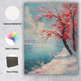 Pink Blossom Tree By Tranquil Lake Spring Snow Landscape Canvas Wall Art Print Decor Picture Ready to Hang