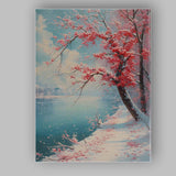 Pink Blossom Tree By Tranquil Lake Spring Snow Landscape Canvas Wall Art Print Decor Picture Ready to Hang