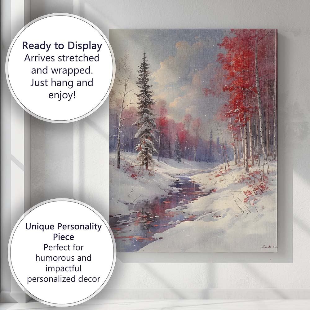 Red Birch Forest Snowy Stream Winter Woodland Landscape Canvas Wall Art Print Decor Picture Ready to Hang