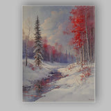 Red Birch Forest Snowy Stream Winter Woodland Landscape Canvas Wall Art Print Decor Picture Ready to Hang