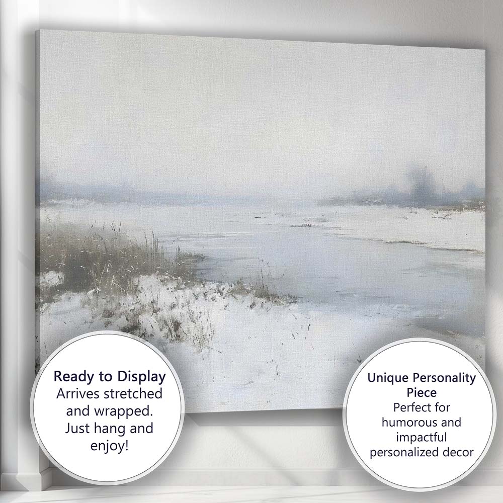 Minimalist Misty Frozen Lake Soft Neutral Winter Landscape Canvas Wall Art Print Decor Picture Ready to Hang
