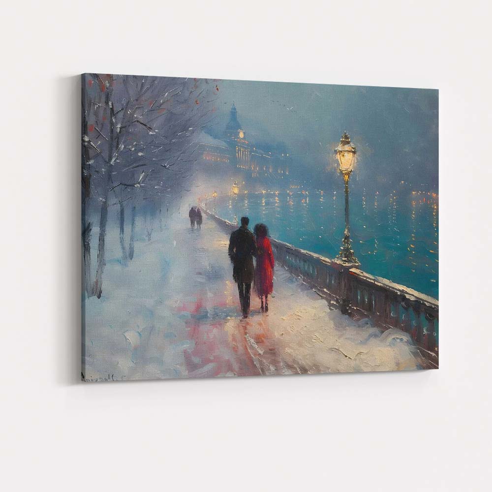 Romantic Snowy Riverside Evening City Walk Impressionist Canvas Wall Art Print Decor Picture Ready to Hang