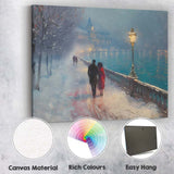 Romantic Snowy Riverside Evening City Walk Impressionist Canvas Wall Art Print Decor Picture Ready to Hang