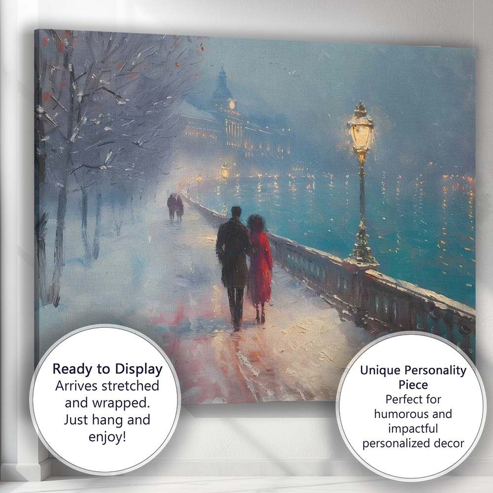 Romantic Snowy Riverside Evening City Walk Impressionist Canvas Wall Art Print Decor Picture Ready to Hang