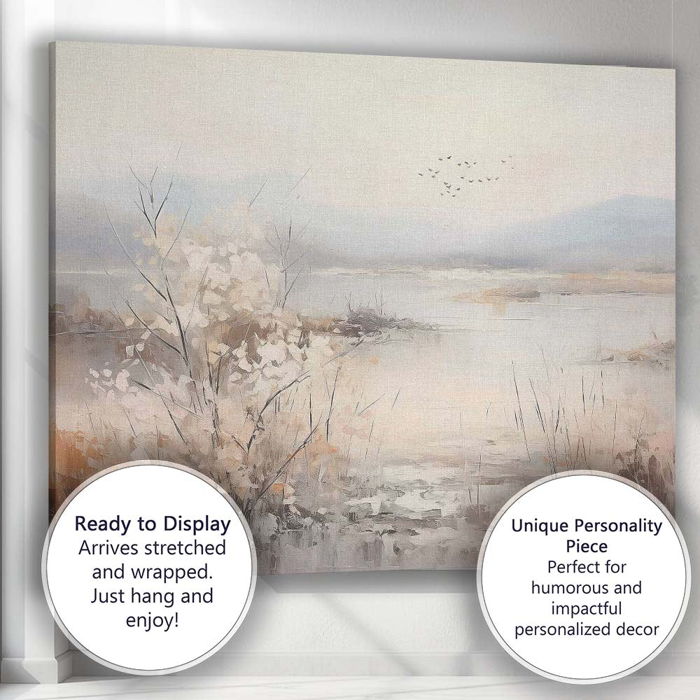 Soft Neutral Winter Lakeside Reed Marsh Landscape Canvas Wall Art Print Decor Picture Ready to Hang